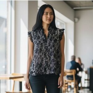 Who What Wear Womens Black White Lace Print Ruffle Neck Sleeveless Blouse L